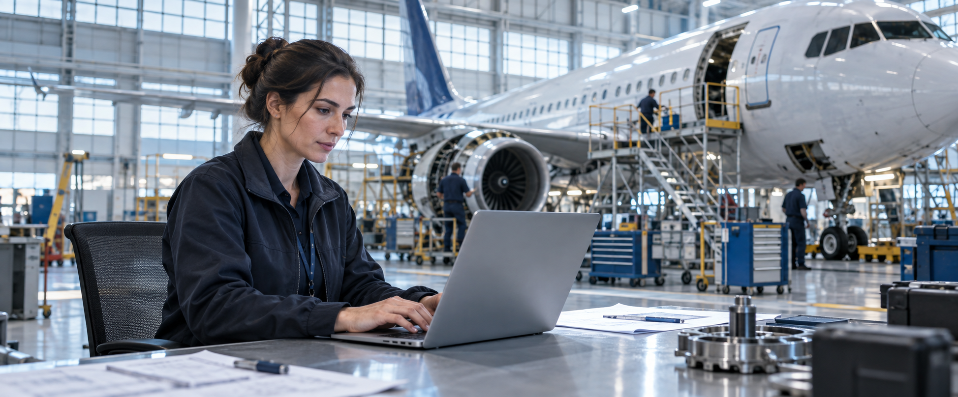 Aviation specialist reviewing a parts requirement beside an aircraft in a hangar