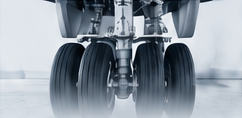 Close view of commercial aircraft landing gear components